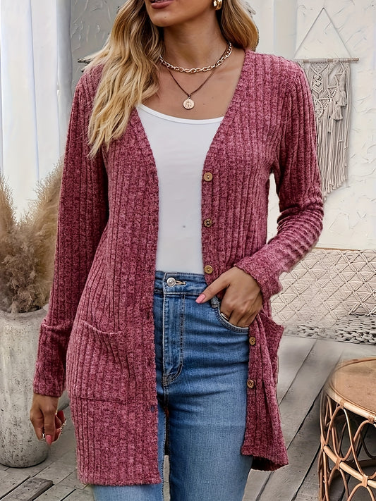 1pc Women's Casual V-Neck Long Sleeve Cardigan - Soft Polyester with Slight Stretch, Button Front Placket & Long Length, Machine Washable Solid Color Fall Winter Outerwear, Cardigan, Seasonal Wardrobe, Elegant Simplicity, Com