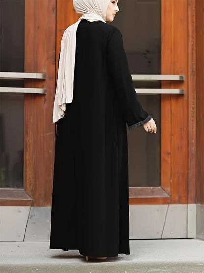 [Elegant Long Tassel Robe] Polyester Elegant Long Tassel Robe - Rhinestone Detail, Zip Closure, Machine Washable, Solid Color, Middle Eastern Style