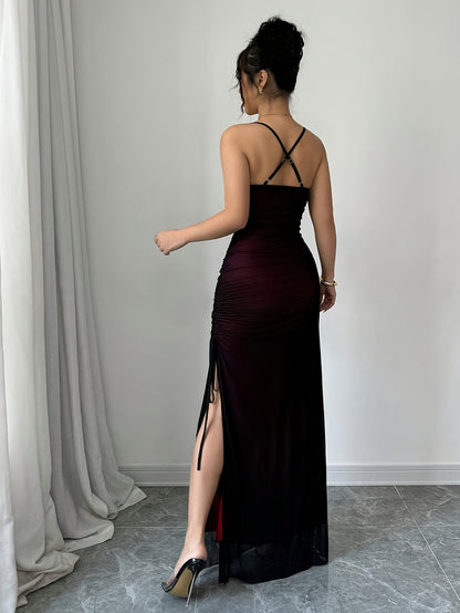 [Elegant Bodycon Dress] Elegant High-Stretch Mesh Bodycon Dress | Women's Adjustable Backless Long Sleeveless Party Dress, Machine Washable All-Season Formal & Casual Wear, Versatile Fashion, Double Mesh Detail, Solid Color