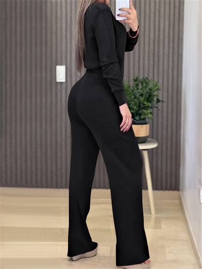 Ribbed Top & Wide-Leg Pants Set – Casual Two-Piece