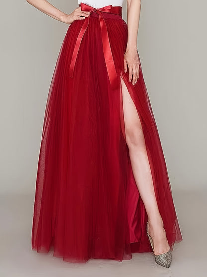 [Elegant Maxi Skirt] Red Elegant High-Waist Tulle Maxi Skirt | Asymmetrical Hem, Solid Color Polyester Lined, All-Season Mesh A-Line Skirt with Elastic Waistband, Formal Event Attire, Flowing Design, Polyester Lining