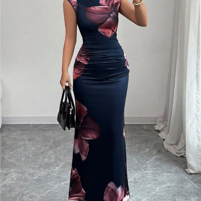 Women's Slim Fit Sleeveless Bodycon Dress - Dark Navy Blue Floral Print A-Line Mid-Length Dress, Machine Washable Elegant Party & Travel Dress for Spring Summer Fall, Tight Fitted Dress, Sophisticated Craftsmanship, Street St