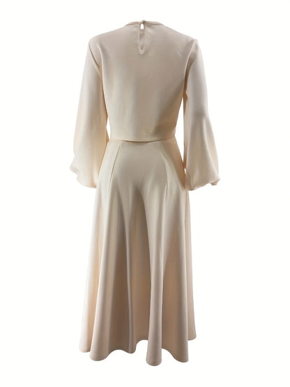 Chic Solid Color Skirt Set - Elegant Crew Neck Lantern Sleeve Top, Flowy Pleated Draped Midi Skirt, Comfortable Women's Clothing for Everyday Wear