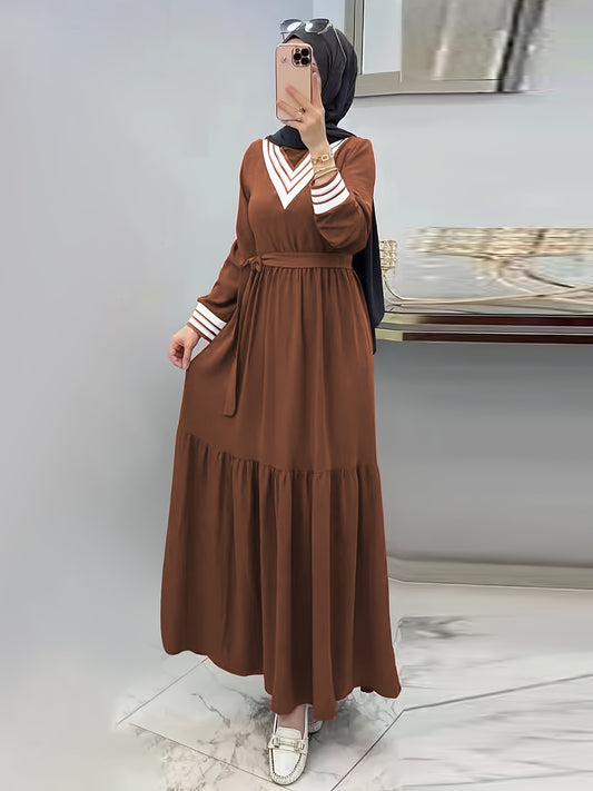 Ramadan Elegant Long Sleeve Tie Waist Maxi Modest Dress - Abayas for Women with Solid Color, Comfortable Wear, and Modest Fashion - Perfect for Islamic Occasions and Everyday Wear