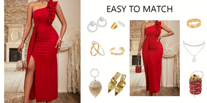 Women'S Elegant Formal Party dress - Sleeveless One-Shoulder Evening gown, Bodycon Fit with Asymmetric Neckline, Red Formal event dress for Women - Perfect for Valentine's, Galas, Proms, Weddings - Sophisticated Party Outfit,