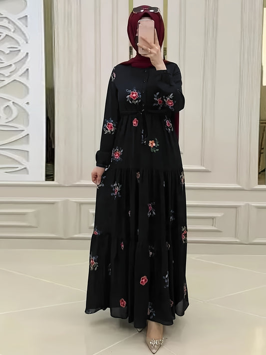 Ramadan Floral Pattern Abaya Dress, Elegant Button Front Long Sleeve Maxi Dress, Women's Clothing