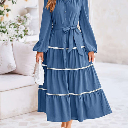 Women'S Spring Casual Dress Loose Drawstring Lantern Sleeve Long Sleeve Tier Dress With Pockets