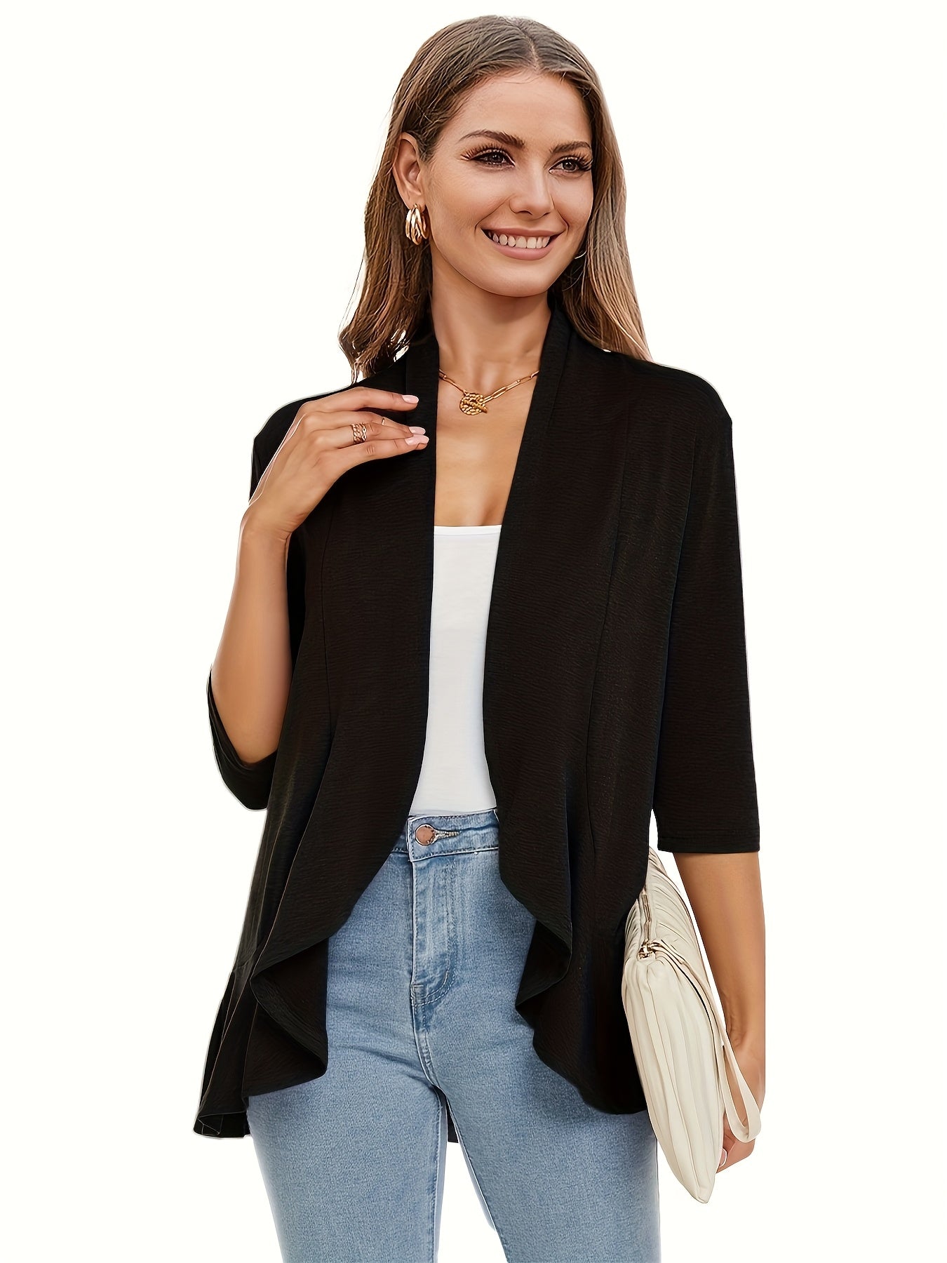 [Lightweight Ruffled Cardigan] Lightweight Women's Light Pink Ruffled Cardigan | Casual Open Front Sweater with Asymmetrical Hem, Long Sleeves, and Button Details for Fall & Winter