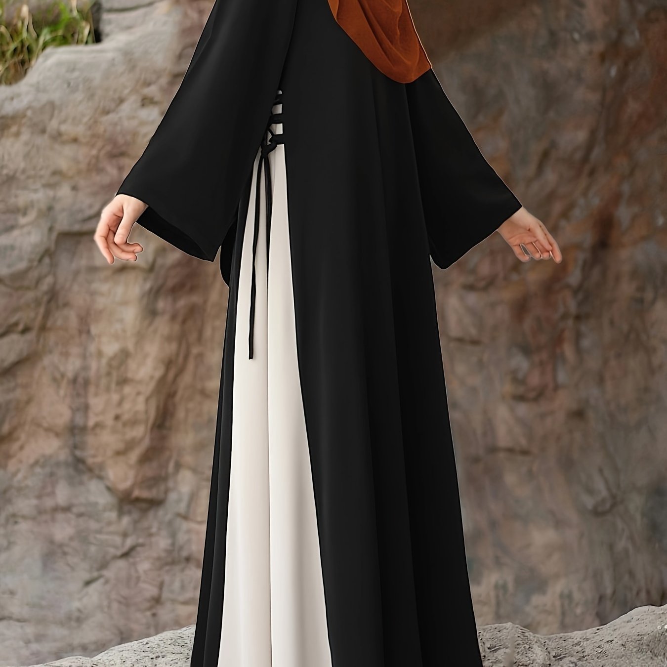 1pc Muslim Abaya Dress Long Sleeve Loose Fit A-Line with Black & White Color-Blocking & Orange Accents - Middle Eastern Elegance Adjustable Side Drawstring for Prayer, Casual, All-Season Wear (No Headscarf Included), Muslim D