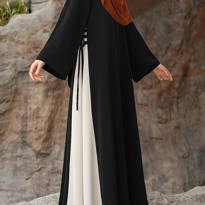 1pc Muslim Abaya Dress Long Sleeve Loose Fit A-Line with Black & White Color-Blocking & Orange Accents - Middle Eastern Elegance Adjustable Side Drawstring for Prayer, Casual, All-Season Wear (No Headscarf Included), Muslim D