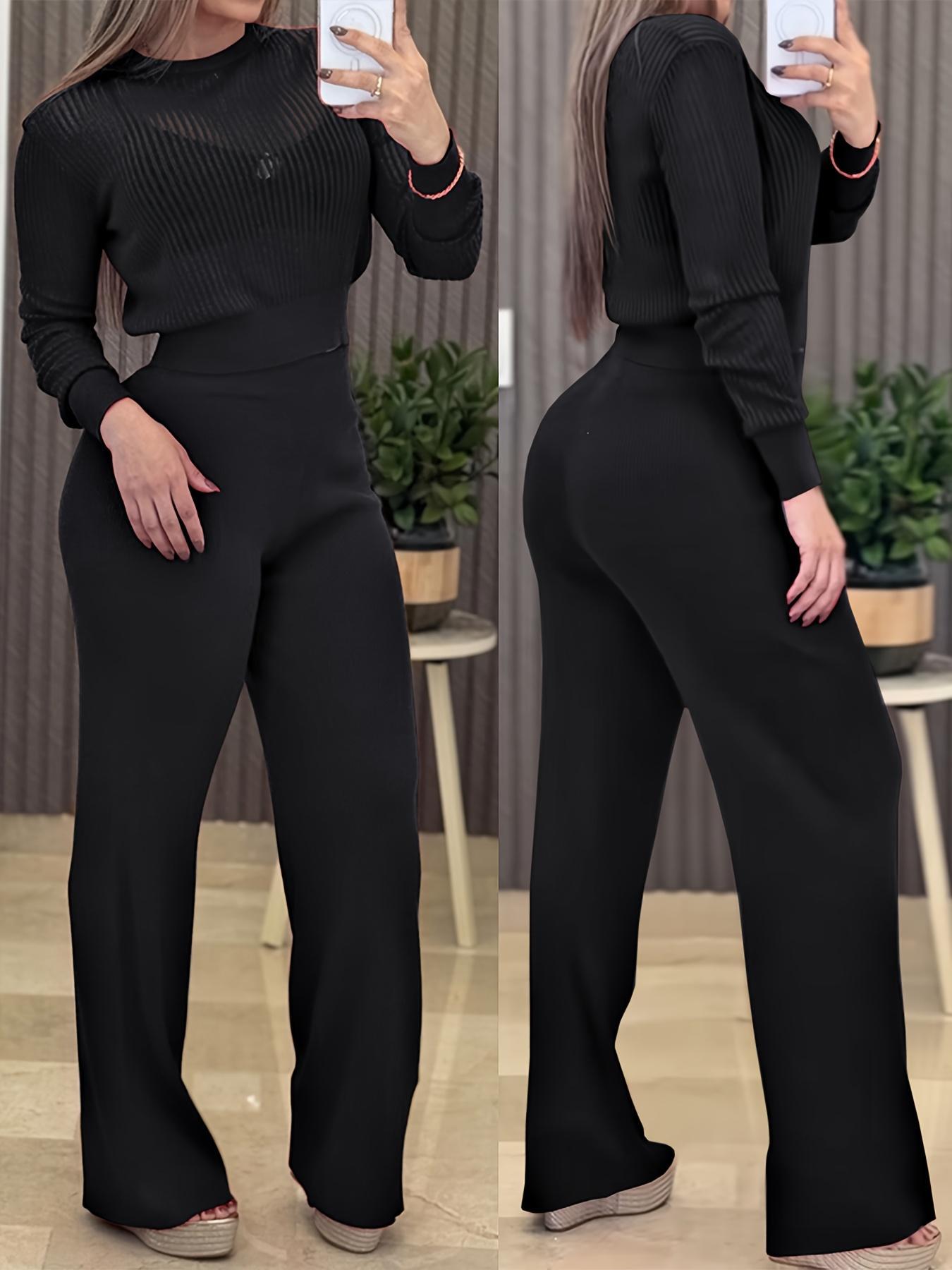 Ribbed Top & Wide-Leg Pants Set – Casual Two-Piece