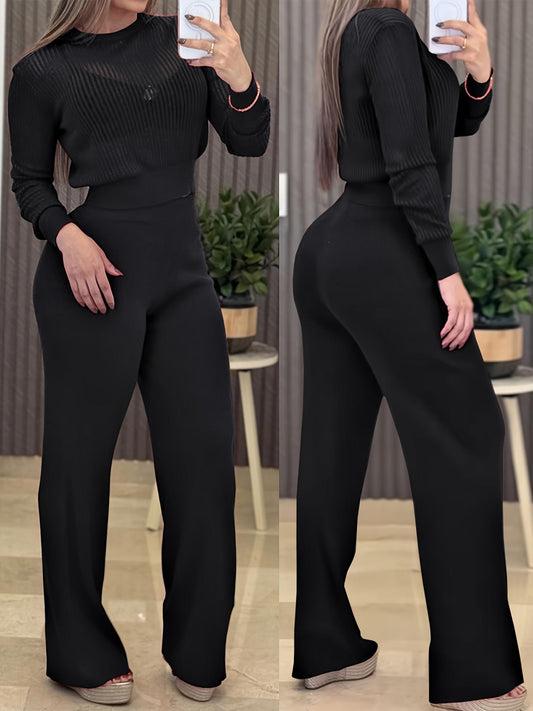 Ribbed Top & Wide-Leg Pants Set – Casual Two-Piece