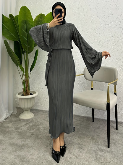 Solid Textured Belted Modest Dress, Elegant Flare Sleeve Simple Maxi Dress For Spring & Fall, Women's Clothing