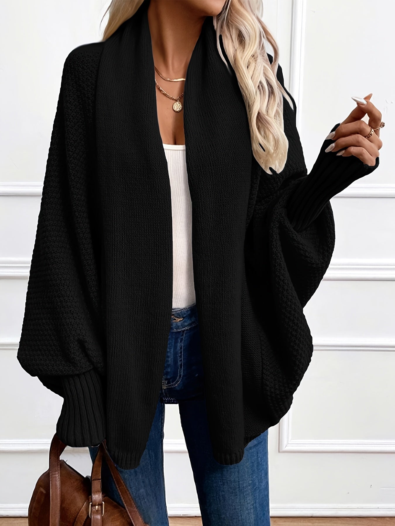 [Elegant Cardigan] Lightweight Polyester Elegant Women's Solid Color Bell Sleeve Cardigan | Contrast Collar, Perfect for Spring/Fall & Winter, Autumn Winter Fashion