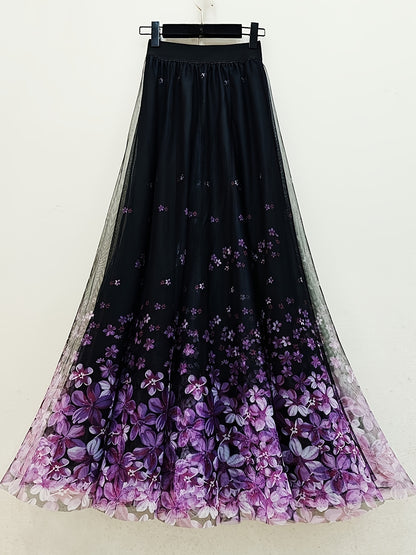 A Long Skirt That Flatters The Figure, Concealing Imperfections, Made of High-Quality Three-Layer Mesh Fabric with Floral Prints, Featuring a High Waist And a Flared Design.