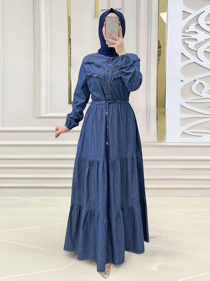 Ramadan Button Front Modest Dress, Elegant Long Sleeve Loose Maxi Dress, Women's Clothing