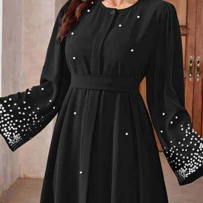 [Elegant Abaya Dress] Black Elegant Abaya Dress | Middle Eastern-Inspired, Pearl Embellishments, Sleeve Belted Waist, Puffed Shoulders & Length for Modest Formal & Casual Wear, All-season Outfit, Sparkling Details