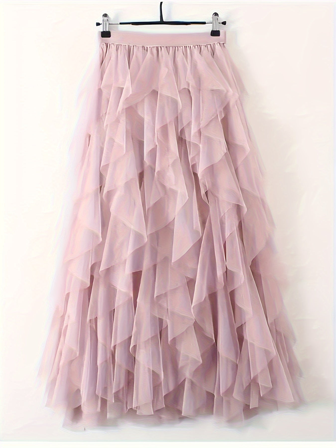 Chic Elegance, Elegant High-Waist A-Line Tulle Skirt for Women - Chic Korean-Style Spring Collection, Sheer Brown Polyester with Delicate Mesh Layers, Perfect for Summer Skirt