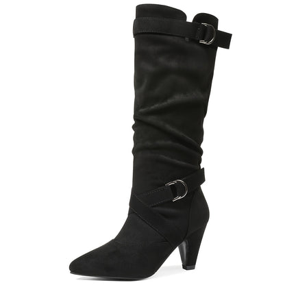 Women's Brown Retro Mid-Calf Boots - Thick High Heels, Pointed Toe, Buckle Straps, Stylish Pull-On for Party or Office, Suedelike