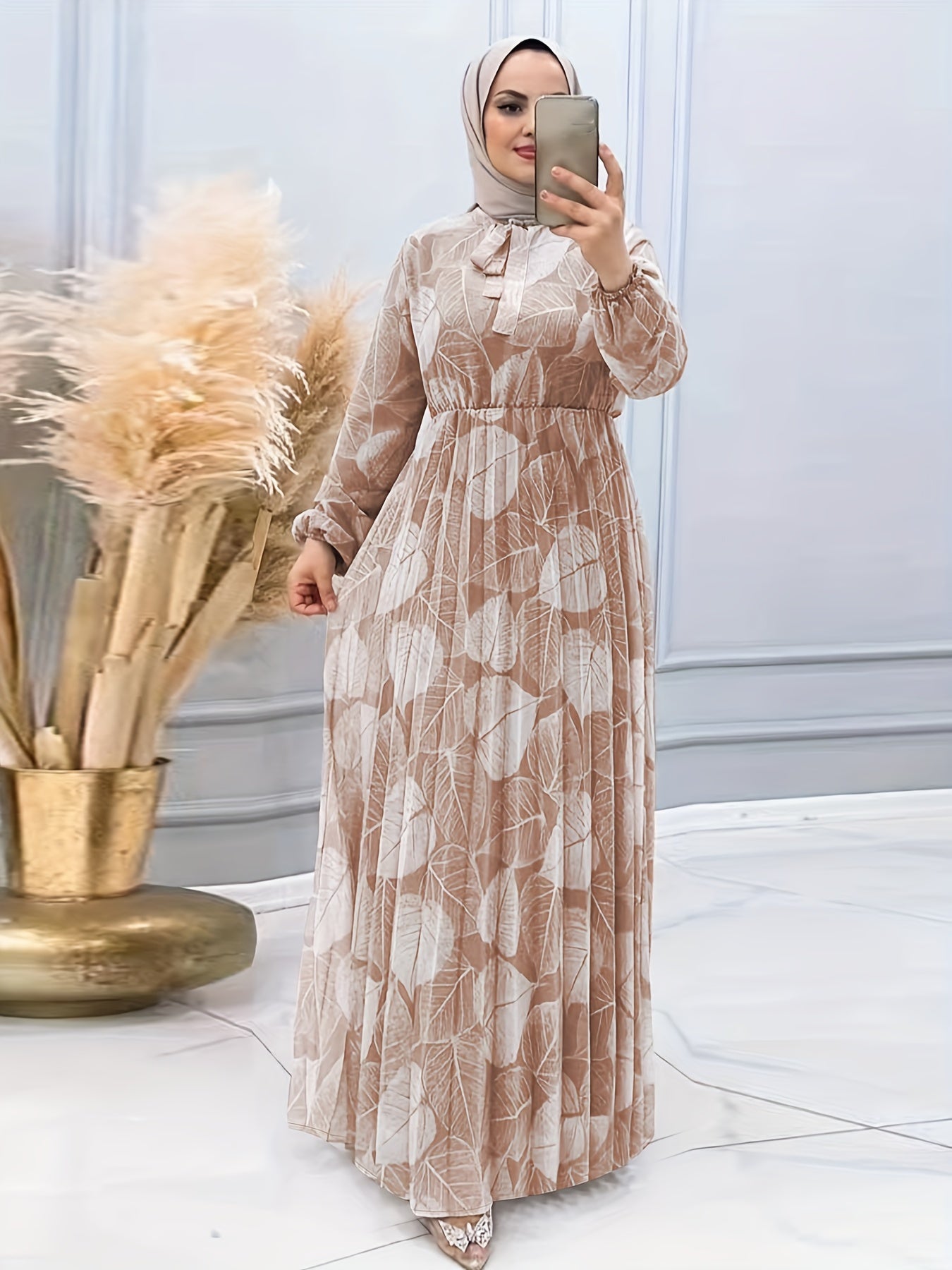 [Modest Wear Muslim Dress] Modest Wear Muslim Dress - Black & White Leaf Print Long Sleeves Polyester Blend - Pleated Waist Design, Machine Washable for All Seasons