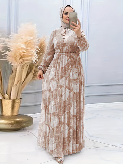 [Modest Wear Muslim Dress] Modest Wear Muslim Dress - Black & White Leaf Print Long Sleeves Polyester Blend - Pleated Waist Design, Machine Washable for All Seasons