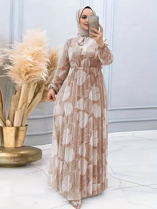 [Modest Wear Muslim Dress] Modest Wear Muslim Dress - Black & White Leaf Print Long Sleeves Polyester Blend - Pleated Waist Design, Machine Washable for All Seasons