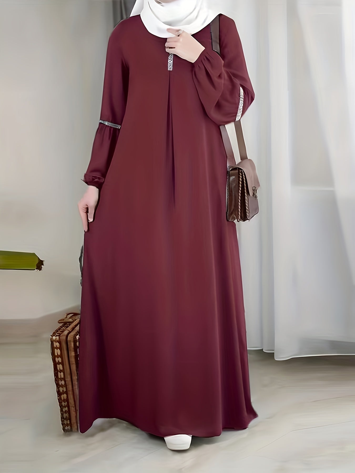 [Elegant Sequin Abaya Dress] Polyester Elegant Sequin Decorative Ladies Abaya Kaldan Dress - Humble Long Sleeves, Round Neck, Perfect For Spring/summer/fall