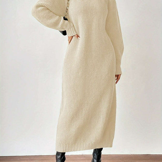 Women'S Long Sleeve Turtleneck Sweater Dress, Elegant Solid Color, Polyester, Autumn/Winter Fashion, Adult Size, Ultra-Long Length