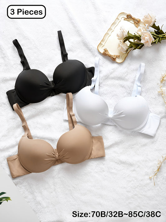 3pcs Ultra Soft Push-Up Bras for Women - Comfortable, Lightweight T-Shirt Style with Underwire Support & Non-Removable Pads