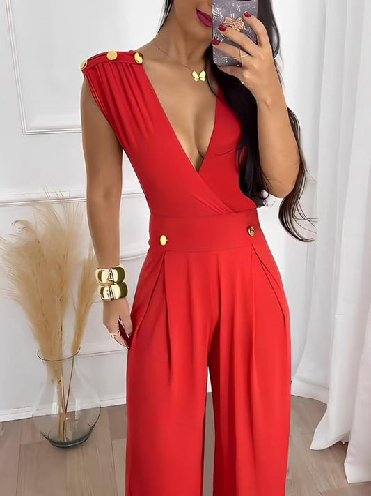 [Everyday Elegance] Elegant Sleeveless V-Neck Jumpsuit for Women - High Waist, Wide Leg, Full Length Romper with Golden Button Details, Black, Casual to Dressy Outfit for Everyday or Special Occasions, Versatile Outfit | Gold