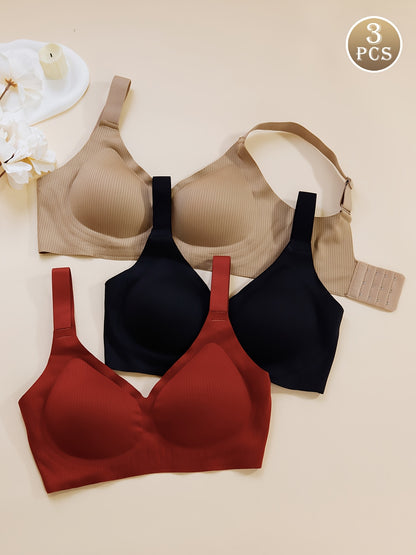 4pcs Women'S Seamless Bra - Elegant Solid Color, Wide Straps And Built-In Bra, Comfortable And Breathable Wireless Support, Non-Padded Ribbed Texture - Available in White, Beige, Black, Brown, Medium Support Bra|Seamless Unde