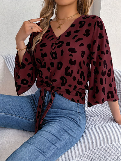 [Leopard Print Tied Bow Top] Elegant Leopard Print Spring & Summer Casual Women's Tied Bow Top