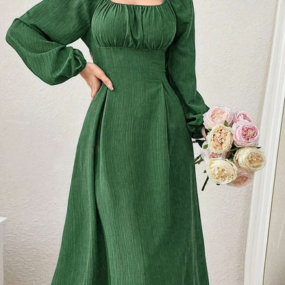 Textured Cross Tie Lantern Sleeve Dress – Elegant & Romantic