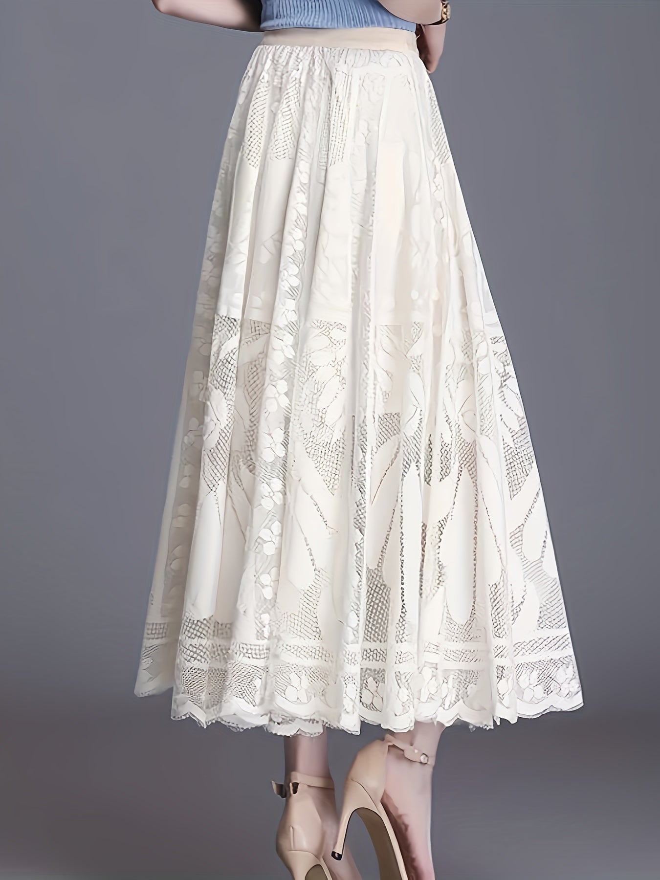 Elegant Women's A-Line Lace Skirt - Long Pleated Design with Intricate Floral Patterns, Lightweight Polyester, Ideal for Spring/Summer/Fall Events, Spring Summer Fashion|Aline Skirt|Polyester Fabric