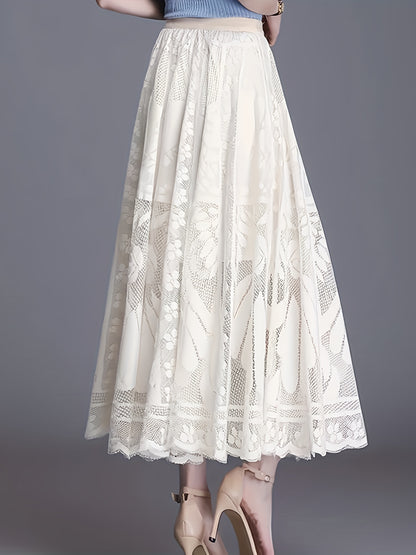 Elegant Women's A-Line Lace Skirt - Long Pleated Design with Intricate Floral Patterns, Lightweight Polyester, Ideal for Spring/Summer/Fall Events, Spring Summer Fashion|Aline Skirt|Polyester Fabric