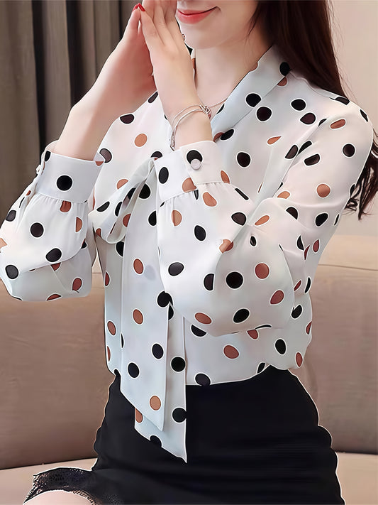 Polka Dot Print Long-sleeve Blouse, Women'S All-season Casual Top. Elegant And Versatile Style Suitable For Spring, Summer, Autumn, And Winter, Perfect For Both Office Wear And Dates, Offering A Fresh And Refined Look