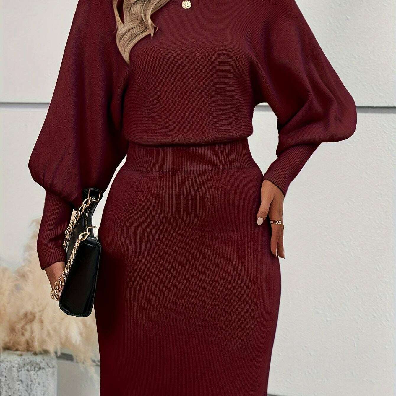 Autumn & Winter Solid Color Lantern Sleeve Sweater Dress