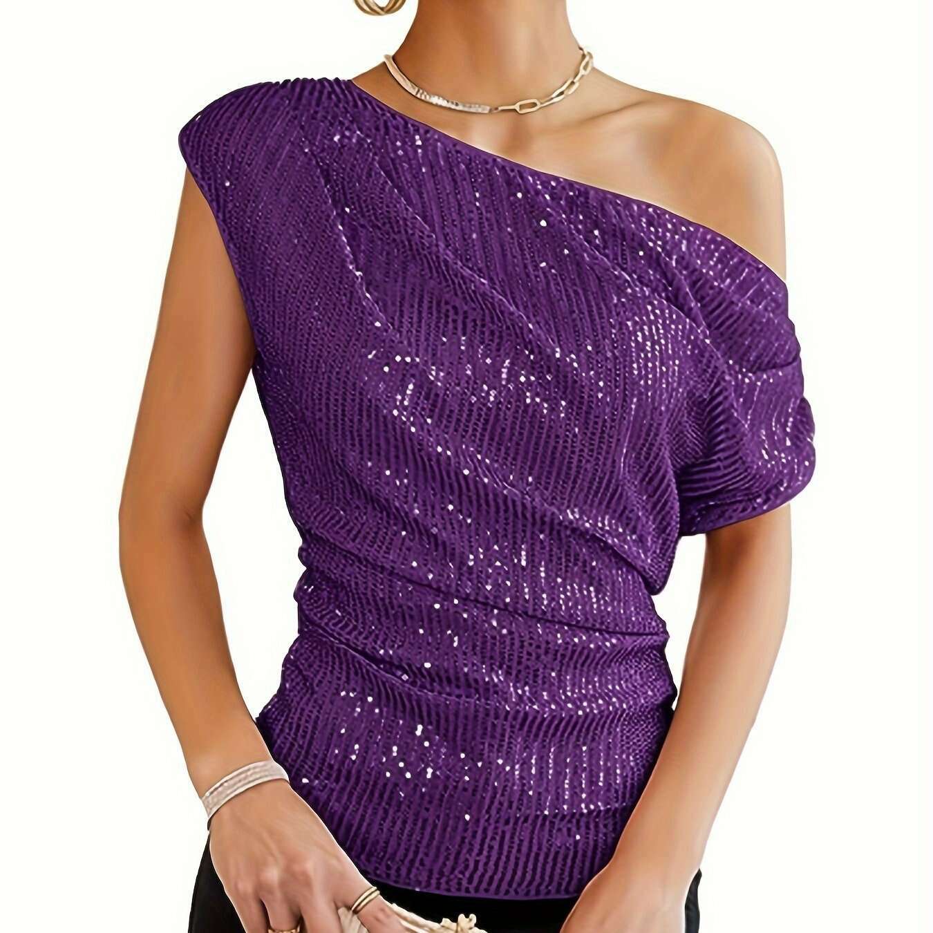 Vibrant Sequin Cold Shoulder Short Sleeve Women's Top - D&M Boutique