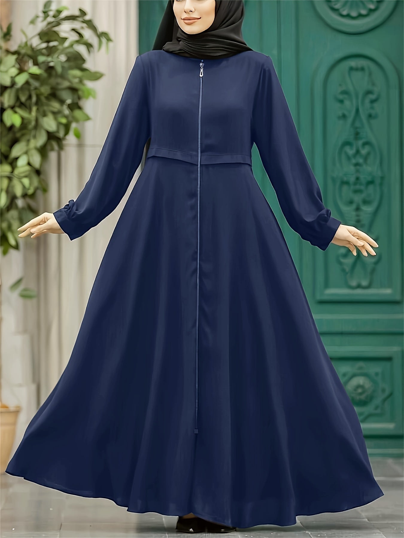 Elegant Zippered Long Robe 8033-1 for Women, 100% Polyester Solid Color, All-Season Long-Length Dress with Zipper Detail, Woven Fabric, 130g/m² Weight