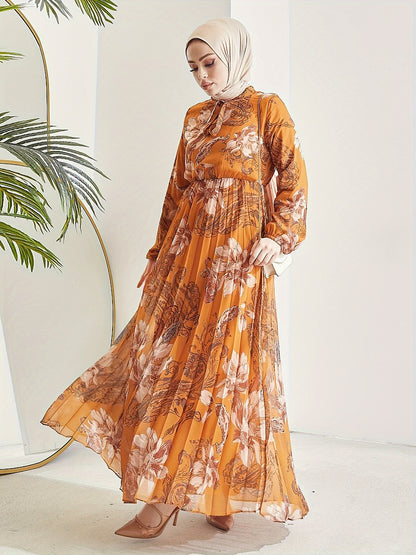 Stunning Floral Print Maxi Kaftan Dress - Modest Long Sleeve, Pleated, Flowy, Polyester, Machine Washable, Random Printing, Middle Eastern Style - Perfect for All Seasons