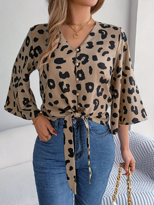 [Leopard Print Tied Bow Top] Elegant Leopard Print Spring & Summer Casual Women's Tied Bow Top