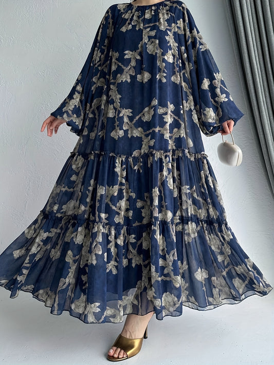 Women'S Elegant Black Floral Print Maxi Dress with Belt - Perfect for All Seasons, All-Season Dress | Floral Print Dress | Ruffled Hemline, Dress