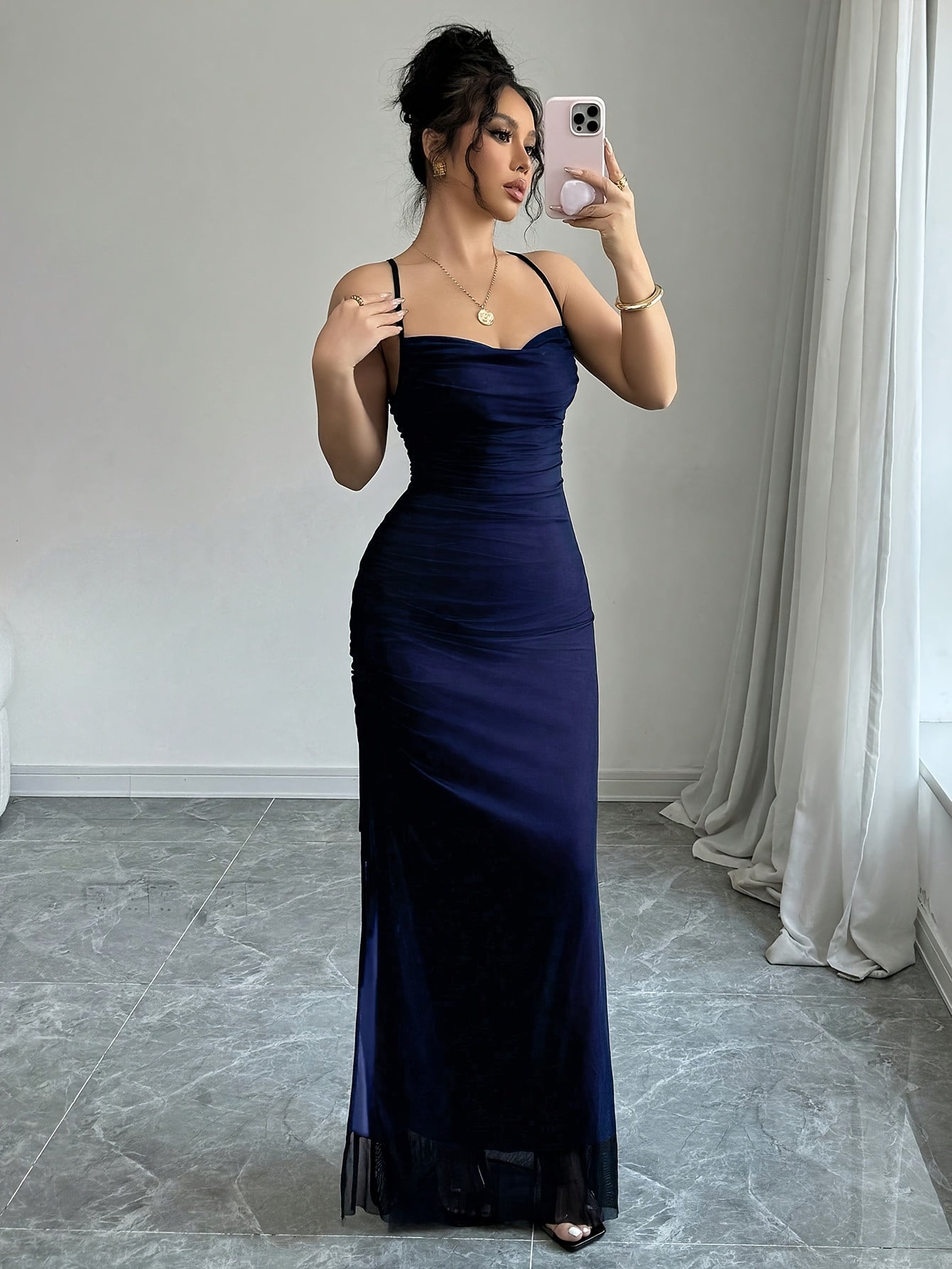 [Elegant Bodycon Dress] Elegant High-Stretch Mesh Bodycon Dress | Women's Adjustable Backless Long Sleeveless Party Dress, Machine Washable All-Season Formal & Casual Wear, Versatile Fashion, Double Mesh Detail, Solid Color