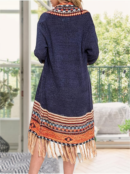 Women Boho Cardigan Sweater Long Open Front Maxi Knit Sweaters Aztec Tribal Tassel Fringe Thin Coat