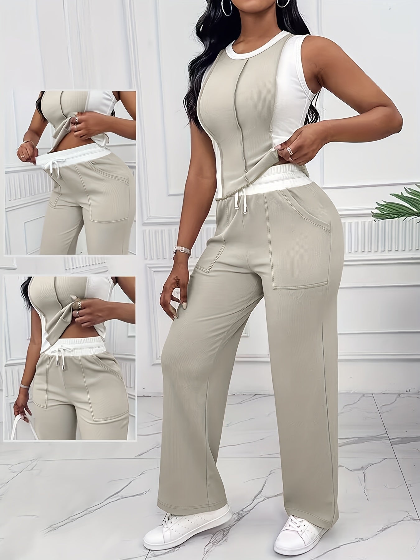 Casual Color Block Pantsuit – Drawstring Waist Set