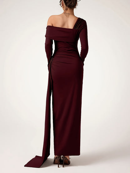 Elegant Off-Shoulder Maroon Maxi Dress for Women - Long Sleeve, Ruched Design, Perfect for Formal Events, Adult Fashion, Formal Evening Wear|Ruched Texture|Polyester Fabric