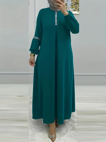 [Elegant Sequin Abaya Dress] Polyester Elegant Sequin Decorative Ladies Abaya Kaldan Dress - Humble Long Sleeves, Round Neck, Perfect For Spring/summer/fall
