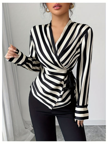 [Stylish, Button-Up Shirt] Stylish, Versatile Women's Long Sleeve Button-Up Shirt - V-Neck, Black & White Striped Pattern, Regular Fit, All-Season Top for Casual or Formal Wear