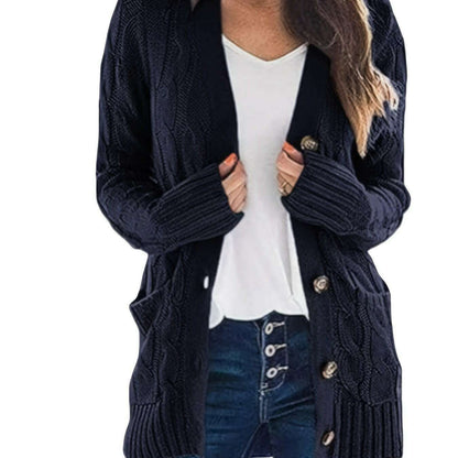 V-Neck Long Sleeve Knitted Cardigan with Pockets