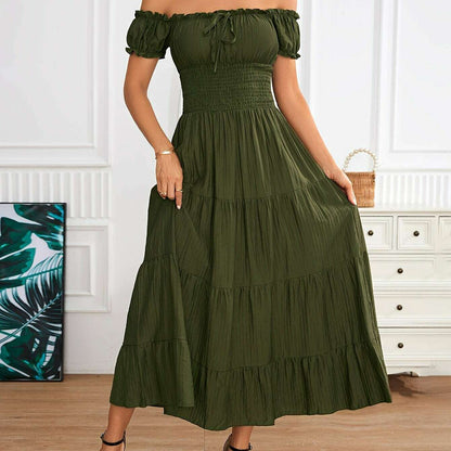 Off Shoulder Shirred Waist Dress, Elegant Aline Smocked Maxi Dress For Spring & Summer, Women's Clothing